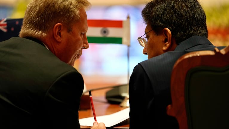 New Zealand Trade Minister Todd McClay and Indian Commerce Minister Piyush Goyal during the India New Zealand Free Trade Agreement signing ceremony.