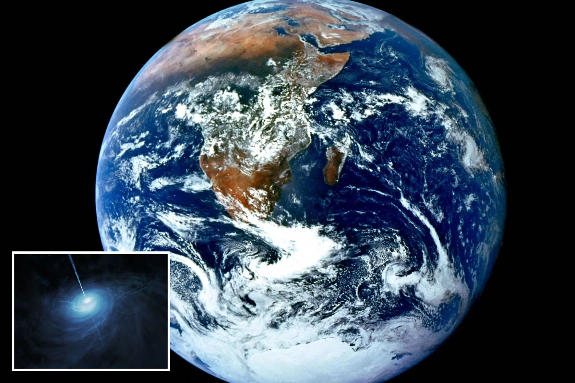 An image collage containing 2 images, Image 1 shows A photograph of Earth, showing the continents of Africa and the Arabian Peninsula, with Antarctica visible at the bottom, Image 2 shows Illustration of a quasar with a bright blue swirling center and a jet of light shooting from its core