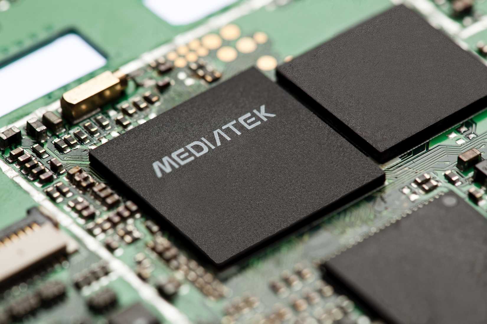 A close up shot of a MediaTek chip