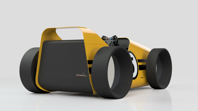 toy car aesthetics inform domestic driving simulator made of curved aluminum and plywood - 8