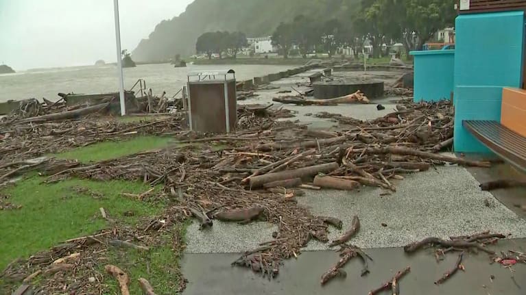 Debris washed up in Ōhope, Bay of Plenty, after high seas caused by Cyclone Vaianu.