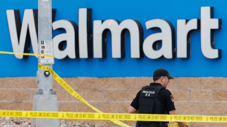 Omaha police work outside a Walmart store at South 72nd and Pine Streets in Omaha, Nebraska.