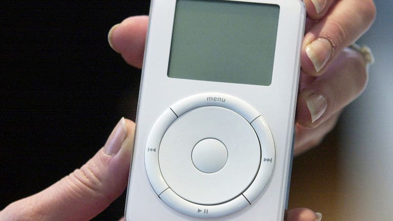 An iPod is displayed after its introduction by Apple CEO Steve Jobs during a news conference, Oct. 23, 2001, in Cupertino