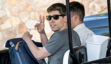 OpenAI CEO Sam Altman wearing sunglasses and holding up the peace sign while driving a golf cart