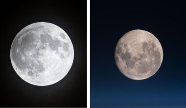 Two images of the moon side by side, the one on the left shows a white/gray moon against a black background while the image on the left shows a browner moon in a blue night sky.