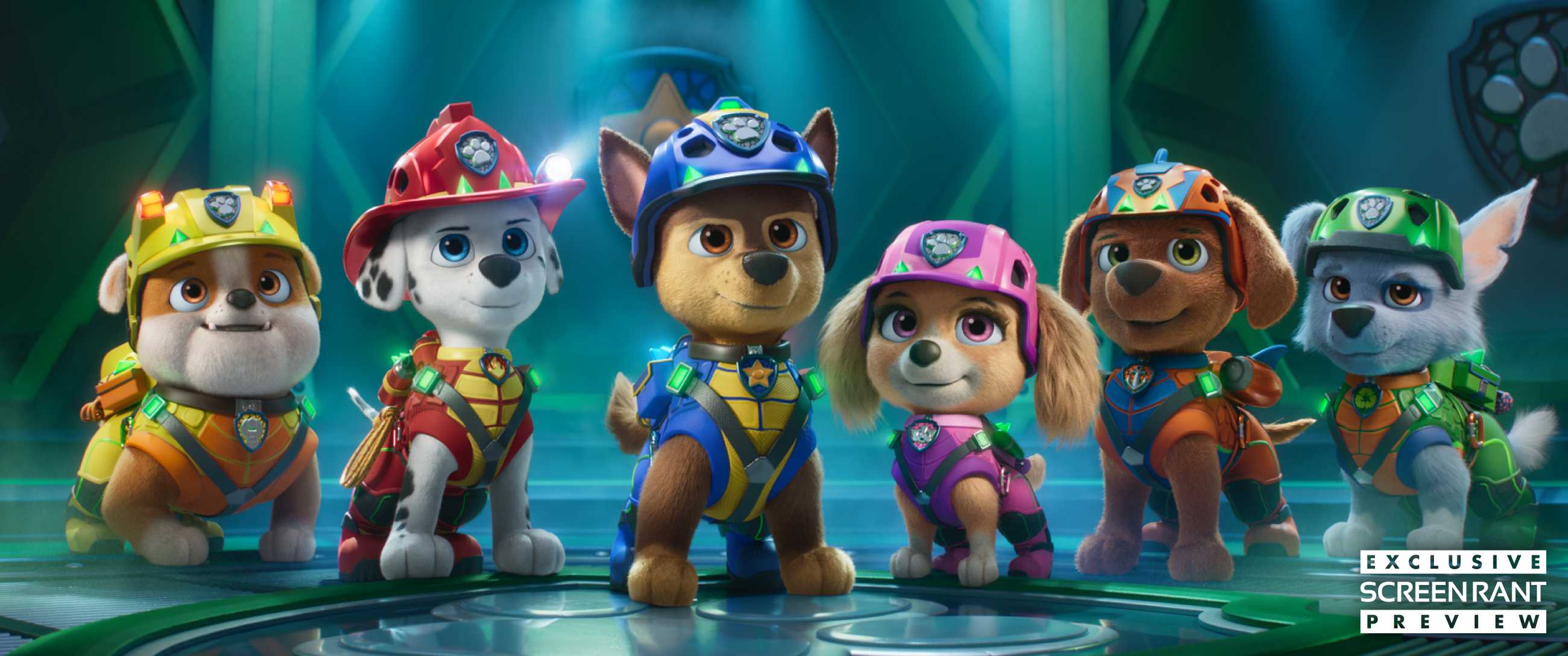 The Paw Patrol line up heroically in Paw Patrol: The Dino Movie
