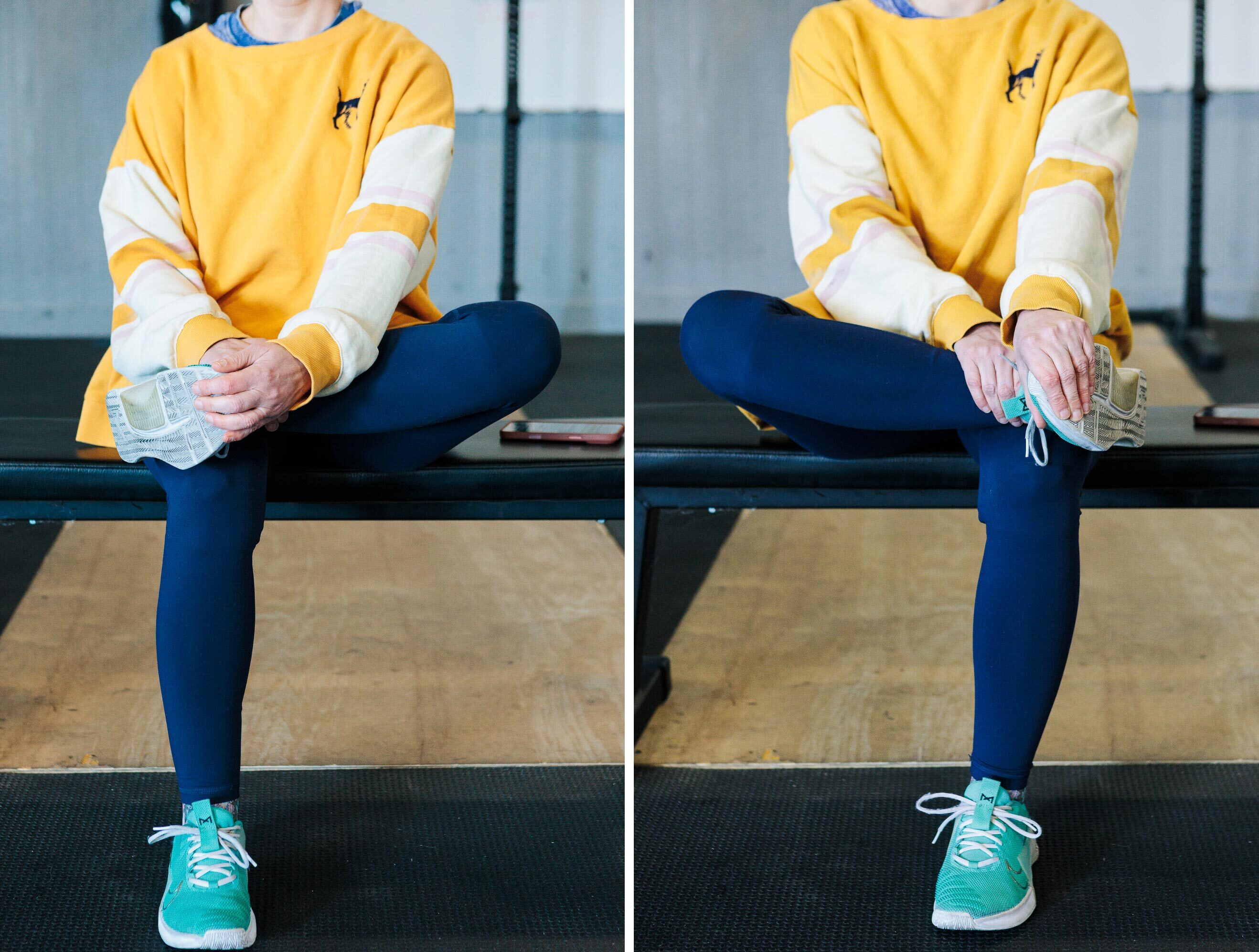 person on a weight bench with heel on opposite knee