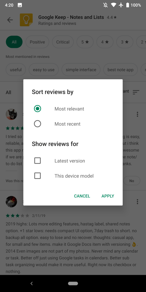 Play Store Material Theme reviews