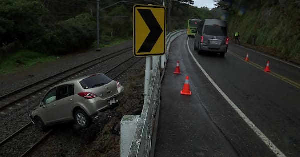 Car crashes onto train tracks in Wellington