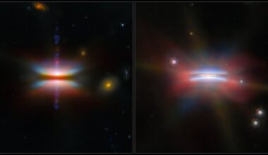 Two images of protoplanetary discs side-by-side, courtesy of the JWST. Credit: ESA/NASA/CSA/ESO/NAOJ/NRAO/G. Duchêne/M. Villenave