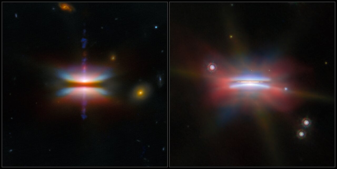 Two images of protoplanetary discs side-by-side, courtesy of the JWST. Credit: ESA/NASA/CSA/ESO/NAOJ/NRAO/G. Duchêne/M. Villenave