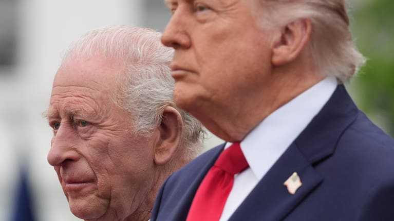 President Donald Trump and Britain's King Charles III, stand together during a State Visit arrival ceremony on the South Lawn of the White House