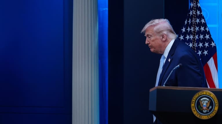 President Donald Trump departs after speaking with reporters during a news conference in the James Brady Press Briefing Room at the White House, Monday, April 6, 2026, in Washington.