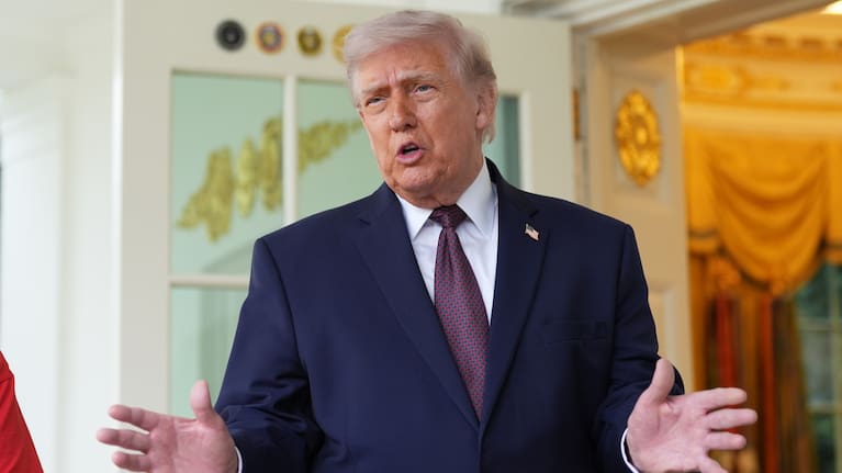 President Donald Trump speaks outside the Oval Office of the White House, Monday, April 13, 2026, in Washington.