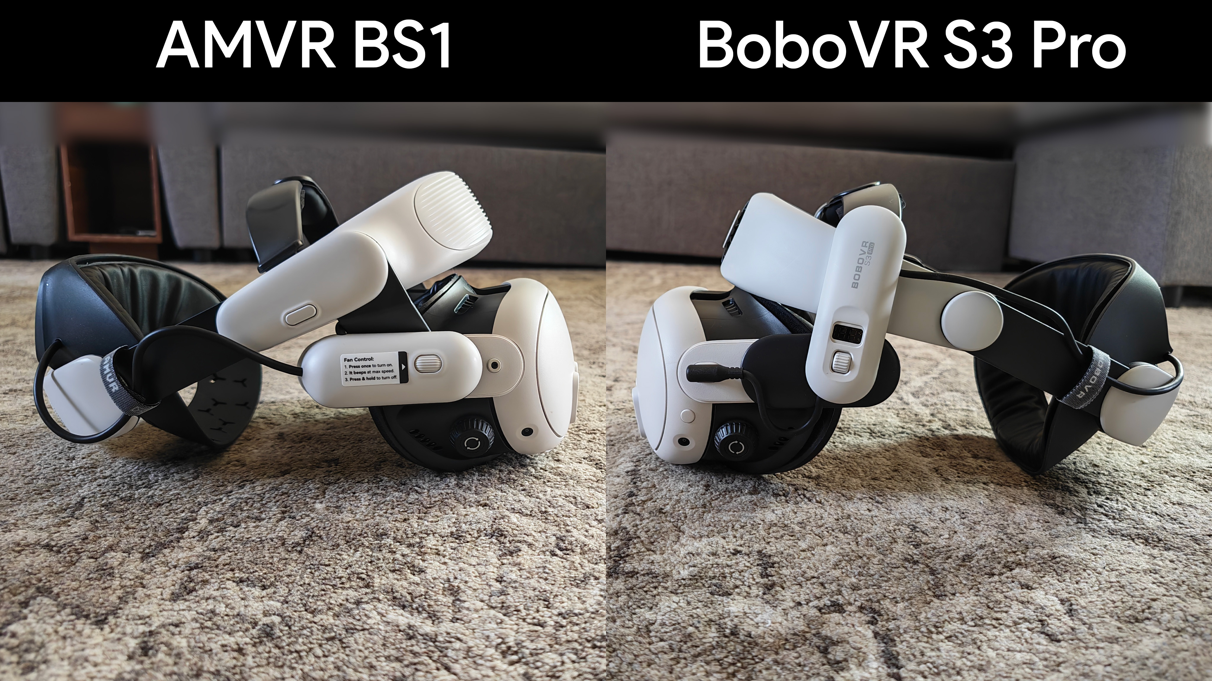 AMVR BS1 vs BoboVR S3 Pro from the side, installed on a Meta Quest 3 headset