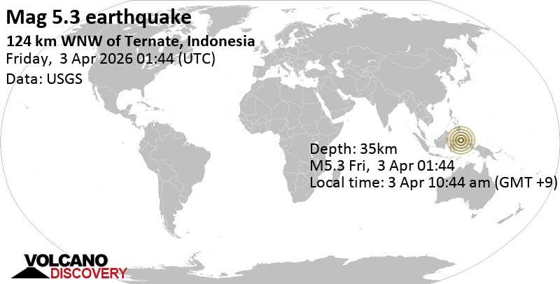 5.3 quake Maluku Sea, 36 km south of Pulau Mayu Island, North Maluku, Indonesia, Apr 3, 2026 10:44 am (Jayapura time)
