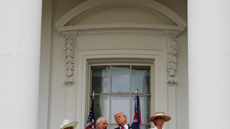 Queen Camilla, King Charles III, President Donald Trump and first lady Melania Trump attend an arrival ceremony on the South Lawn of the White House
