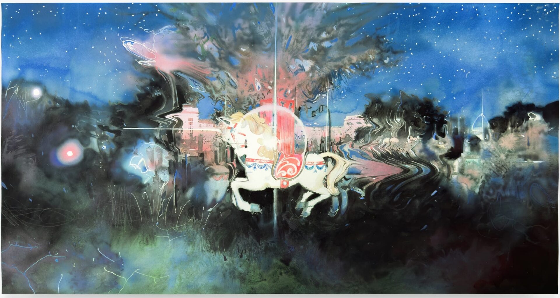 a mixed-media watercolor painting of a shimmering carousel with colorful horses, with buildings and trees in the background