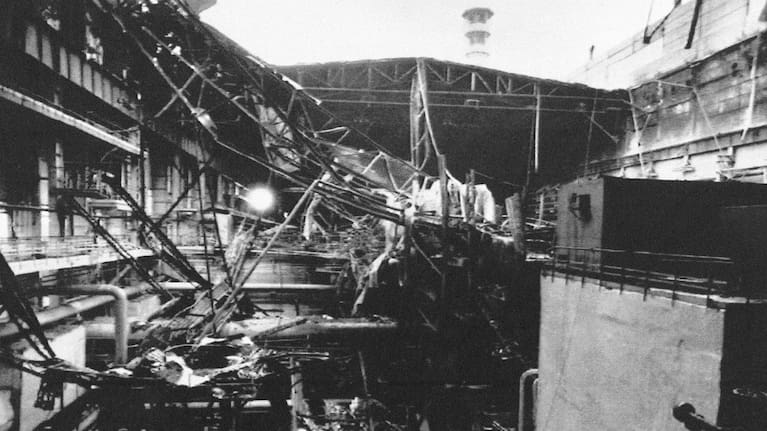 Remains of the collapsed roof at the Chernobyl nuclear plant, damaged in the separate 1991 fire in a turbine hall for Reactor No. 2, in Chernobyl, Ukraine, Oct. 13, 1991.