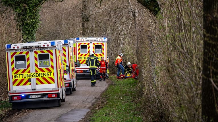 Rescue workers are on the scene after an accident in a wooded area south-east of Flensburg, Germany on Sunday, April 5, 2026.