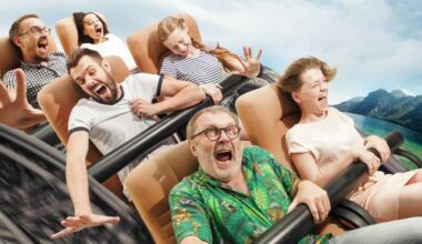 Scared people on a rollercoaster holding on for dear life, indicating a plummeting share price