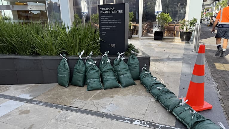 Sandbags pictured in Takapuna ahead of Cyclone Vaianu's landfall on Sunday.