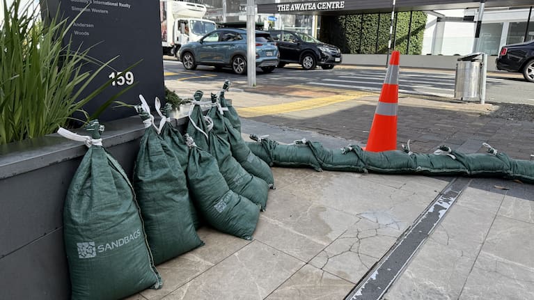 Sandbags pictured in Takapuna ahead of Cyclone Vaianu's landfall on Sunday.