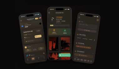 Three smartphones display a photography app with a dark theme, showing a dashboard, camera settings, film information, editing tools, and image previews on black backgrounds.
