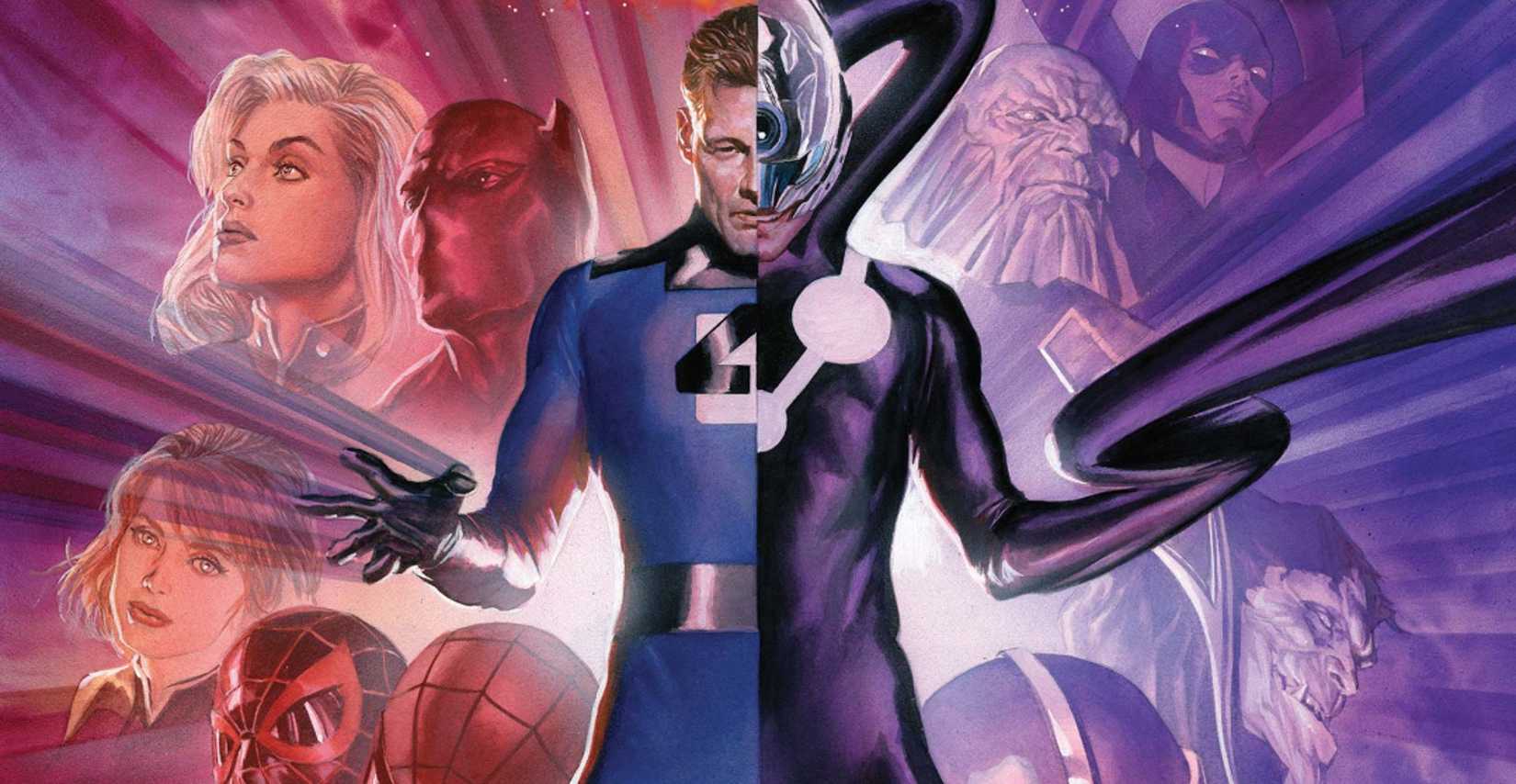 secret wars (2015) #3 cover featuring two different multiverse Reed Richards facing the reader, merged into one