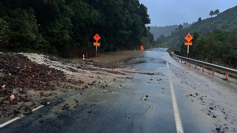 Slips close State Highway 3 through the Awakino Gorge.