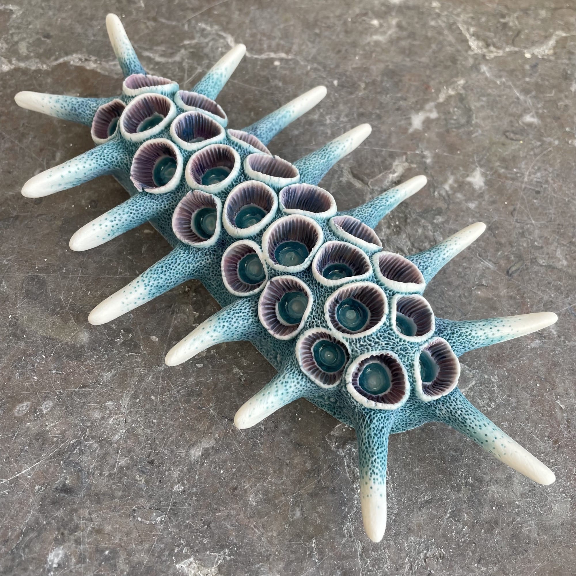 a colorful, nudibranch-inspired ceramic sculpture by Lisa Stevens