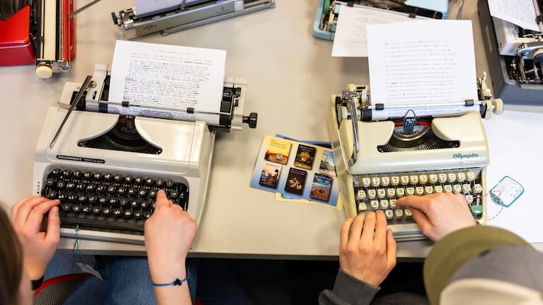 Student use typewriters to complete a writing assignment in German at Cornell University, Friday, March 20, 2026, in Ithaca, New York.