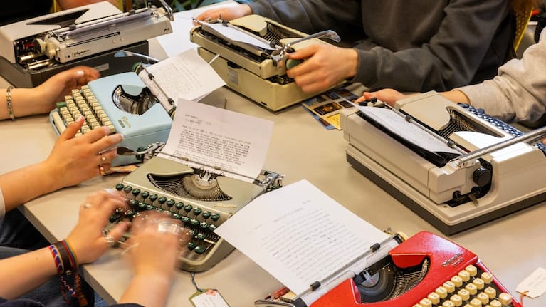 Students use typewriters to complete a writing assignment in German at Cornell University, Friday, March 20, 2026, in Ithaca, New York.