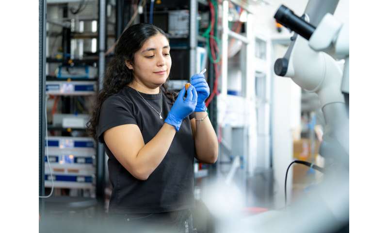 ISTA Ph.D. student and first author Valeska Zambra inspects a sample. UTe<sub>2</sub> is a superconductor—a material that allows electric current to flow without resistance. It exhibits multiple forms of zero electrical resistance. Credit: ISTA Superconductivity that shouldn't exist?