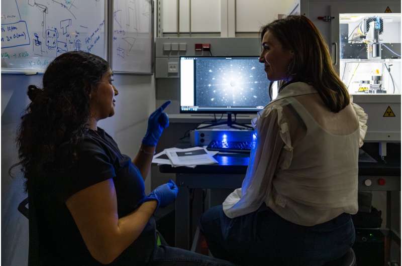 ISTA scientists examine a sample in the lab. Left to right: Ph.D. student and first author Valeska Zambra discusses the properties of a UTe2 sample with Assistant Professor Kimberly Modic. Credit: ISTA Superconductivity that shouldn't exist?