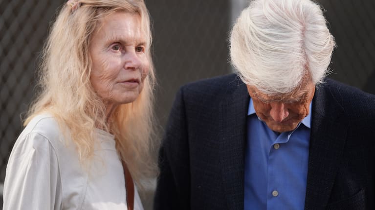 Suzanne Morrison, mother of Matthew Perry, walks into court with her husband Keith Morrison before Jasveen Sangha, who plead guilty to selling Perry a lethal dose of the drug ketamine.