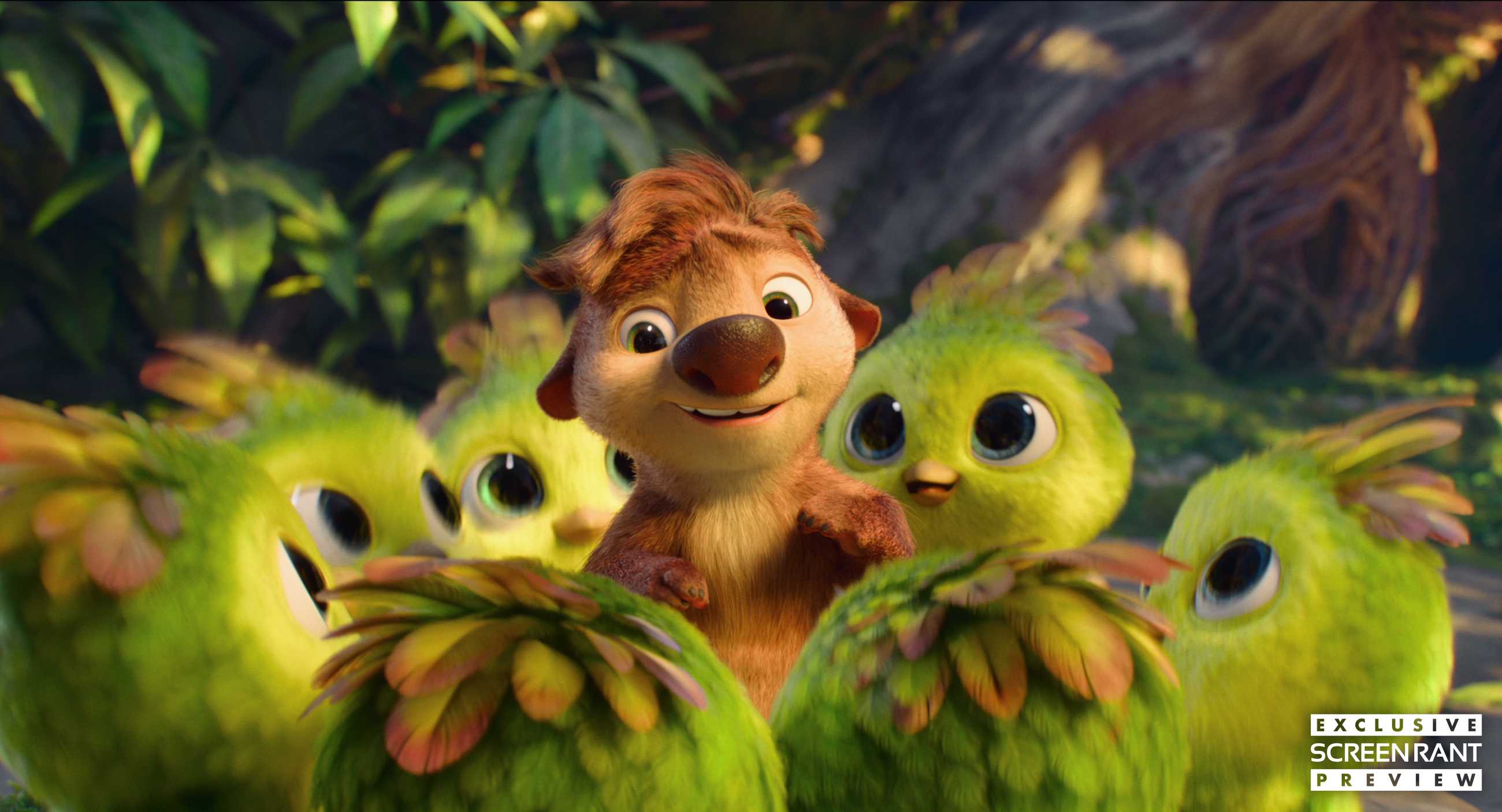 Ollie surrounded by a bunch of bird chicks in Swapped