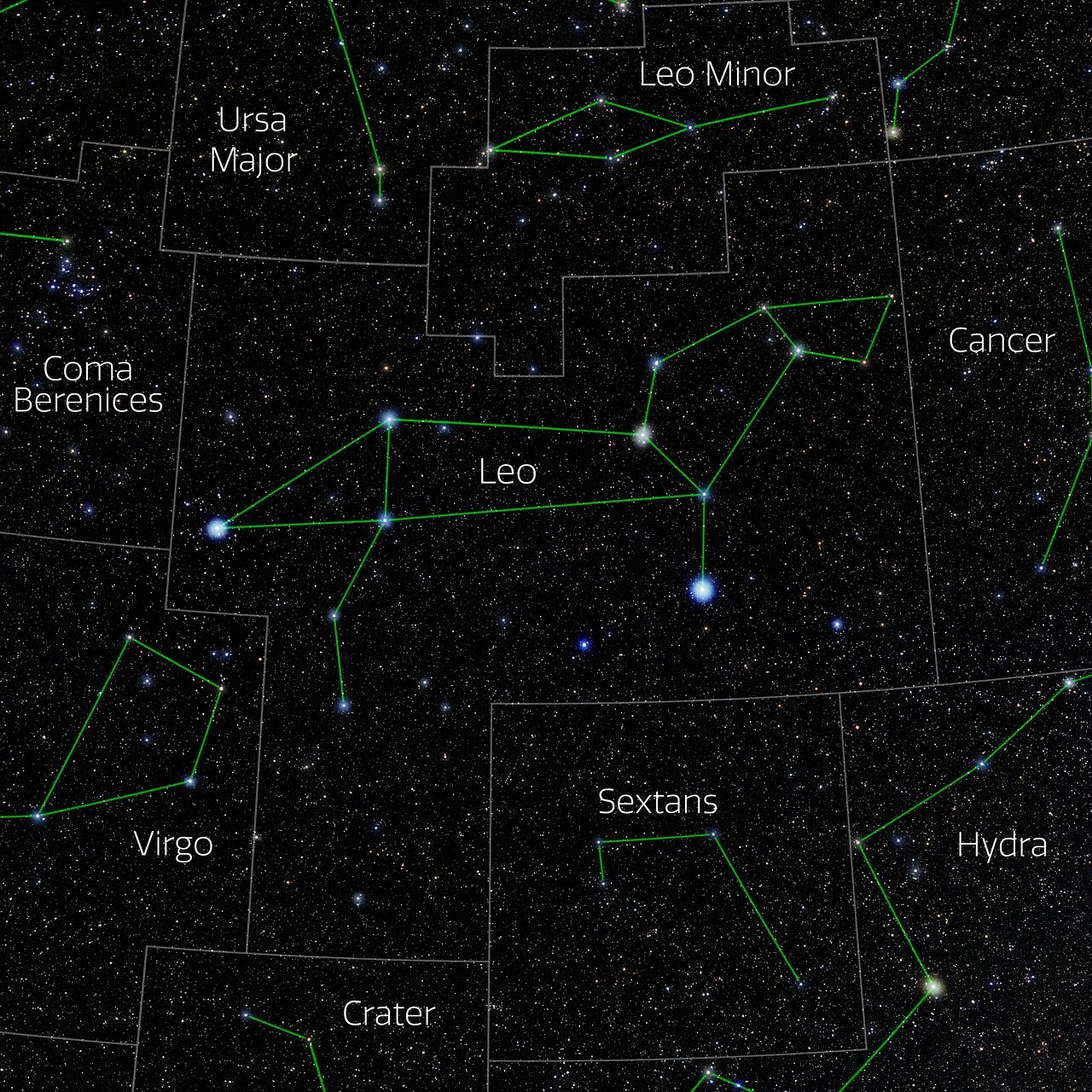 night sky graphic showing leo constellation in the center.