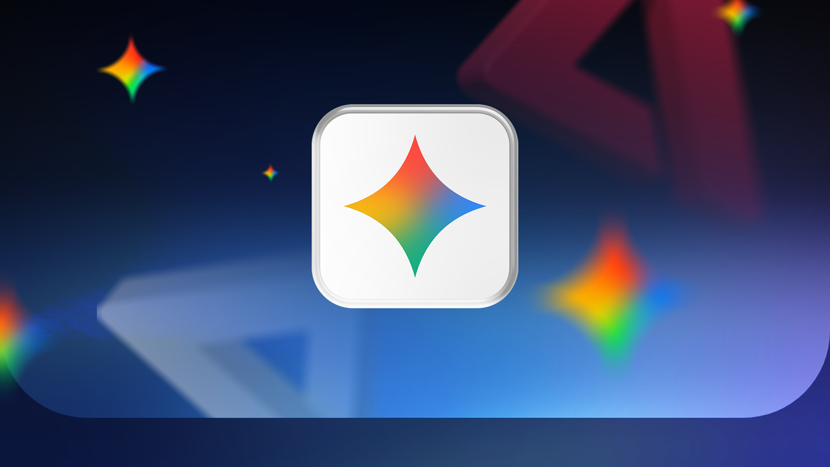 The Gemini logo in the center, surrounded by blurred floating stars on a dark blue background