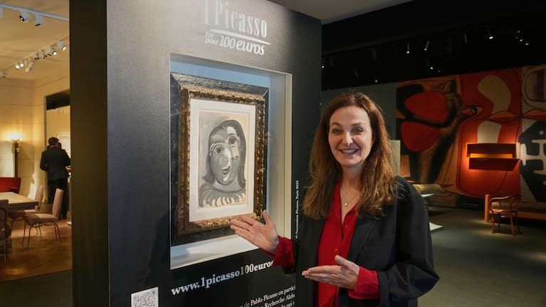 The Head of a Woman by Pablo Picasso, painted in 1941, is presented in Paris, Friday, April 10, 2026, ahead of a lottery in which the painting is being raffled off to raise money for Alzheimer’s research.