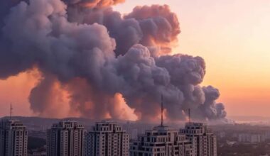 Air pollution with smoke clouds over city buildings at sunset.