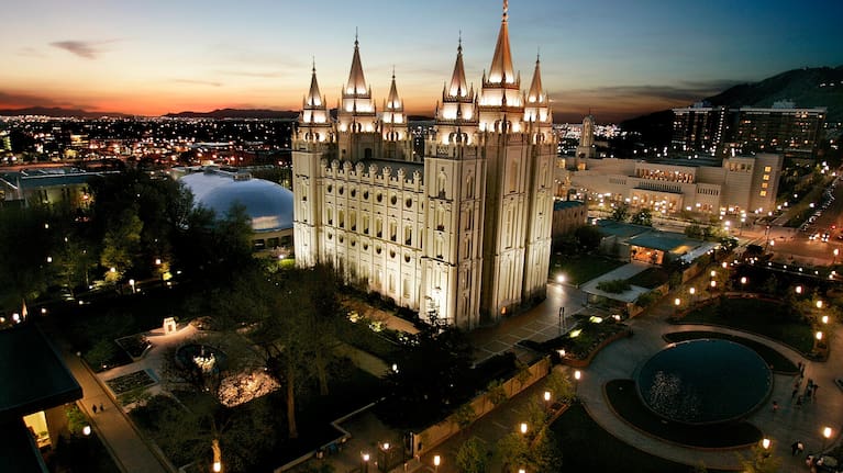 The sun sets behind the Mormon Temple, the centerpiece of Temple Square, in Salt Lake City, April 27, 2006.
