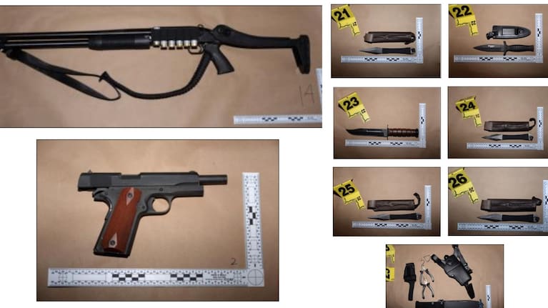 This image contained in a court filing by the Department of Justice, April 29, 2026, shows some of the weapons that Cole Tomas Allen possessed.