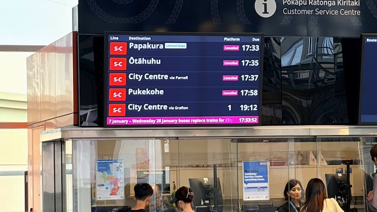 Timetable boards showing cancelled services at Newmarket train station on January 27, 2026 during a network-wide test of City Rail Link routes.