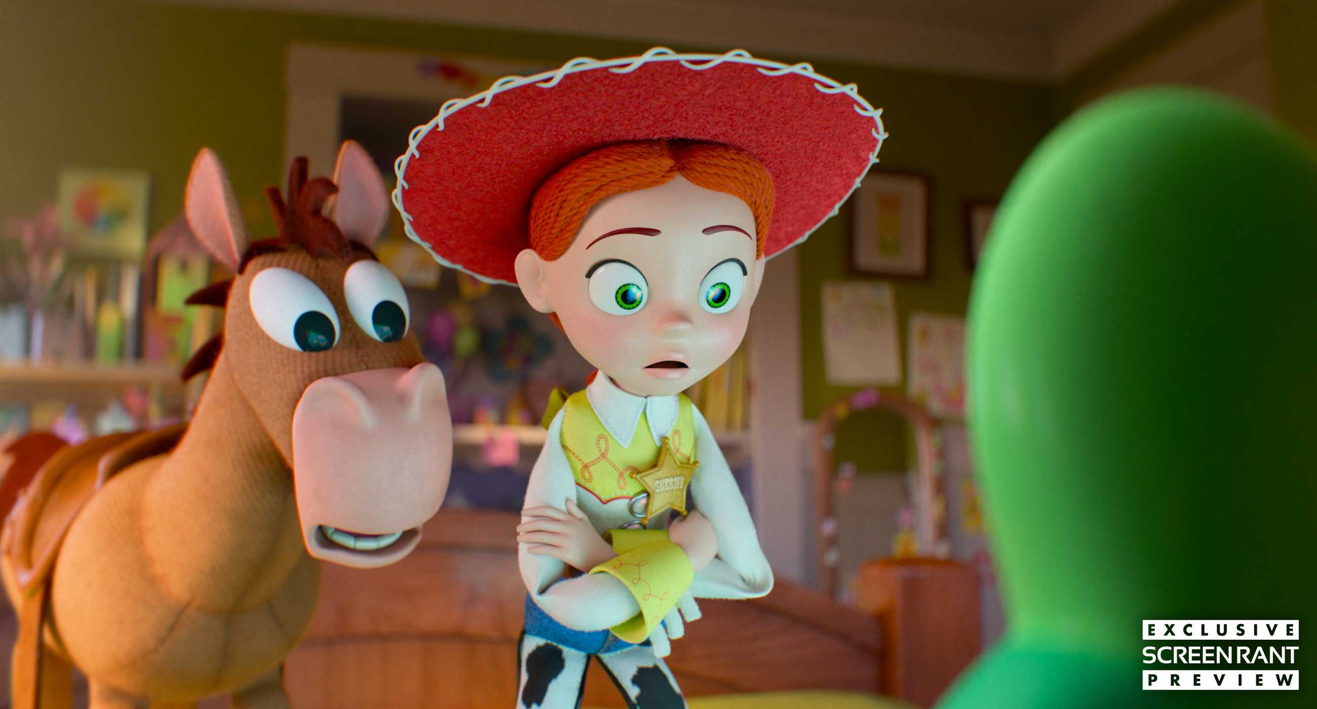Jessie and Bullseye stare in shock at Lilypad's screen in Toy Story 5
