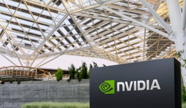The Nvidia logo on a sign in front of the company's Voyager headquarters.