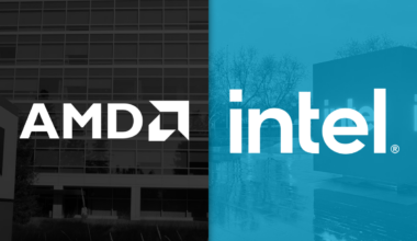 The AMD logo next to the Intel logo.