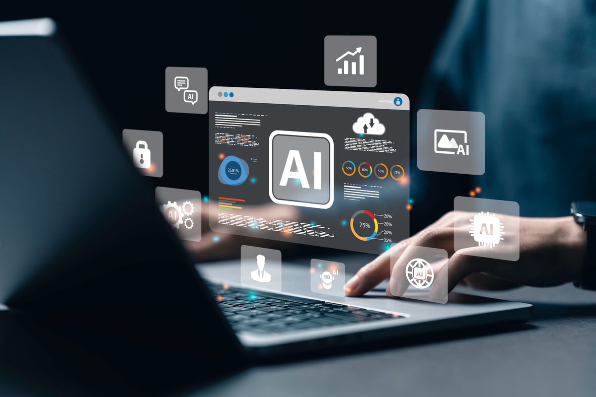 A bunch of AI holograms jump out of a laptop screen.