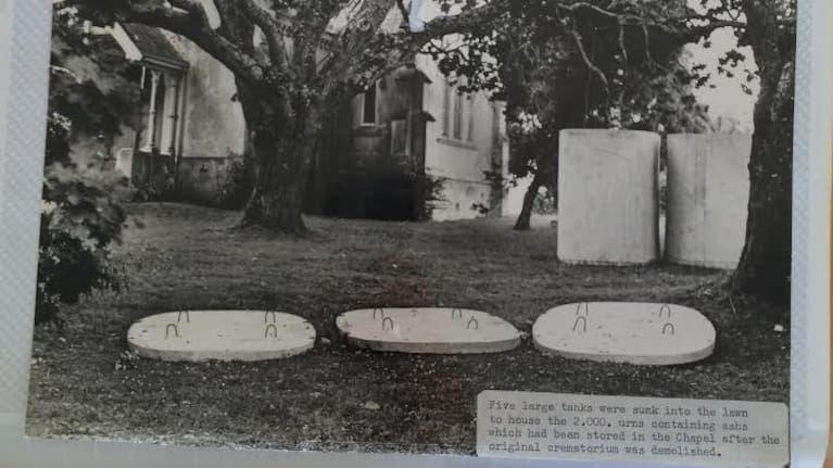 Image shows how "large tanks were sunk into the law to use the 2000 urns. 