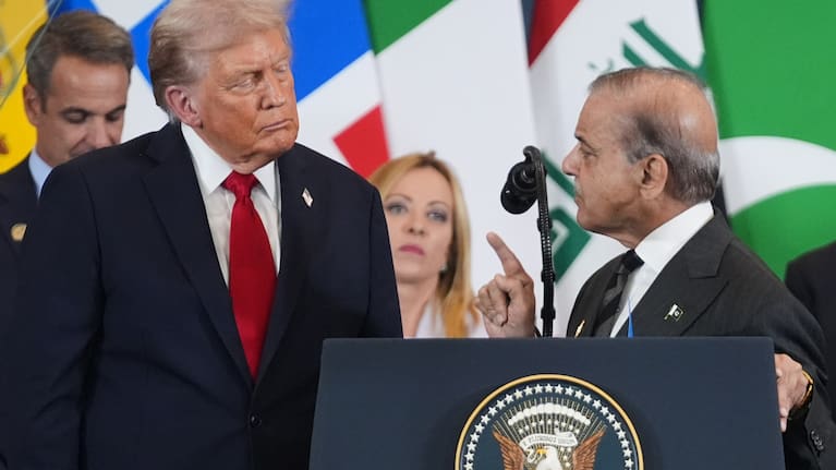 US President Donald Trump, left, listens as Pakistan's Prime Minister Shehbaz Sharif speaks during a summit in 2025. (File image). 
